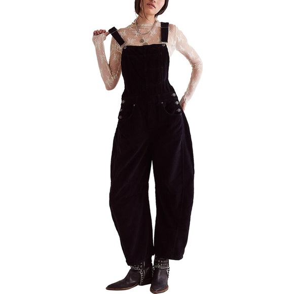 NWT Free People x We The Free Good Luck Cord Overall in Black Velvet Jumpsuit - Picture 1 of 9
